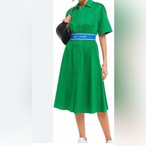 Sandro Sofiane Green Midi Dress with Blue Waistband